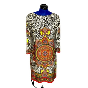 London Times 12 black & brown retro animal print stretch 3/4 sleeve sheath dress